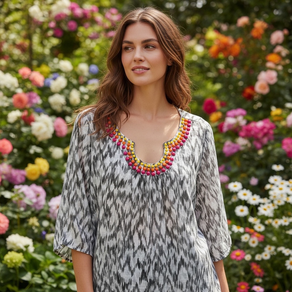 Ruby Rd. Gray Top with Pink, Orange, and Yellow Beaded Neckline